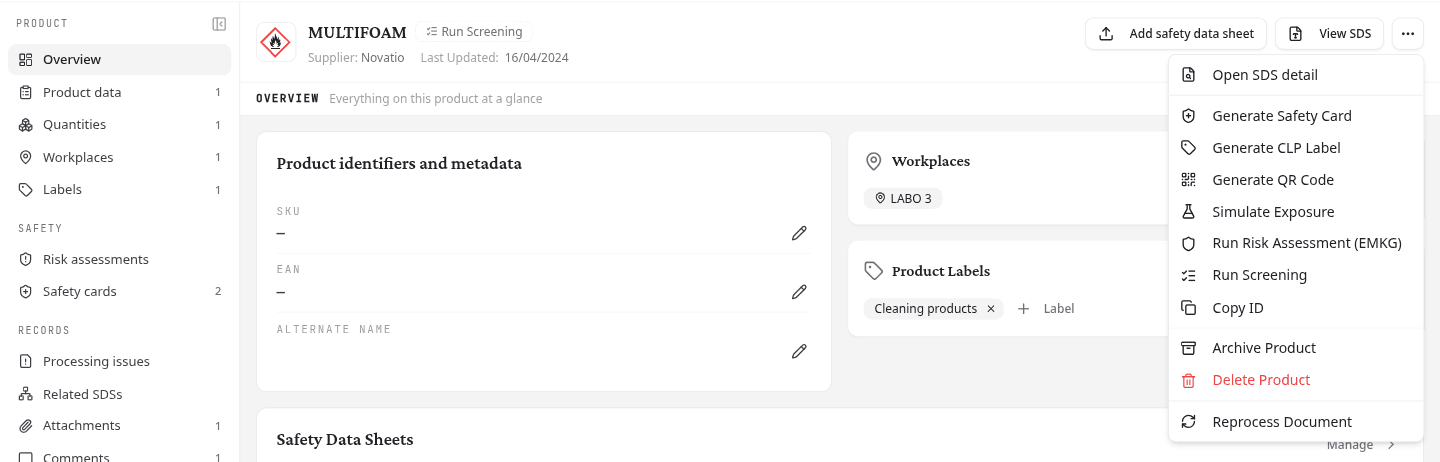 The product options menu open, listing every action available on the product