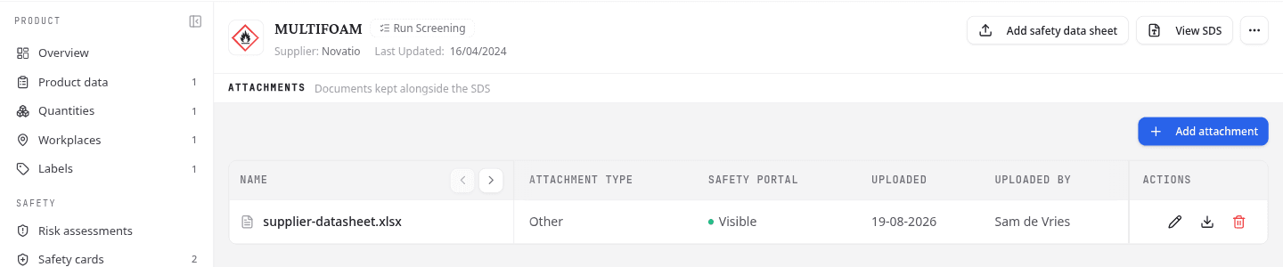 The Attachments section listing a supplier document with its type and portal state