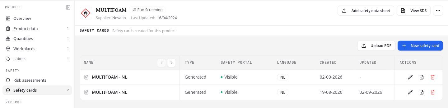 The Safety cards section listing generated cards with their language and portal state