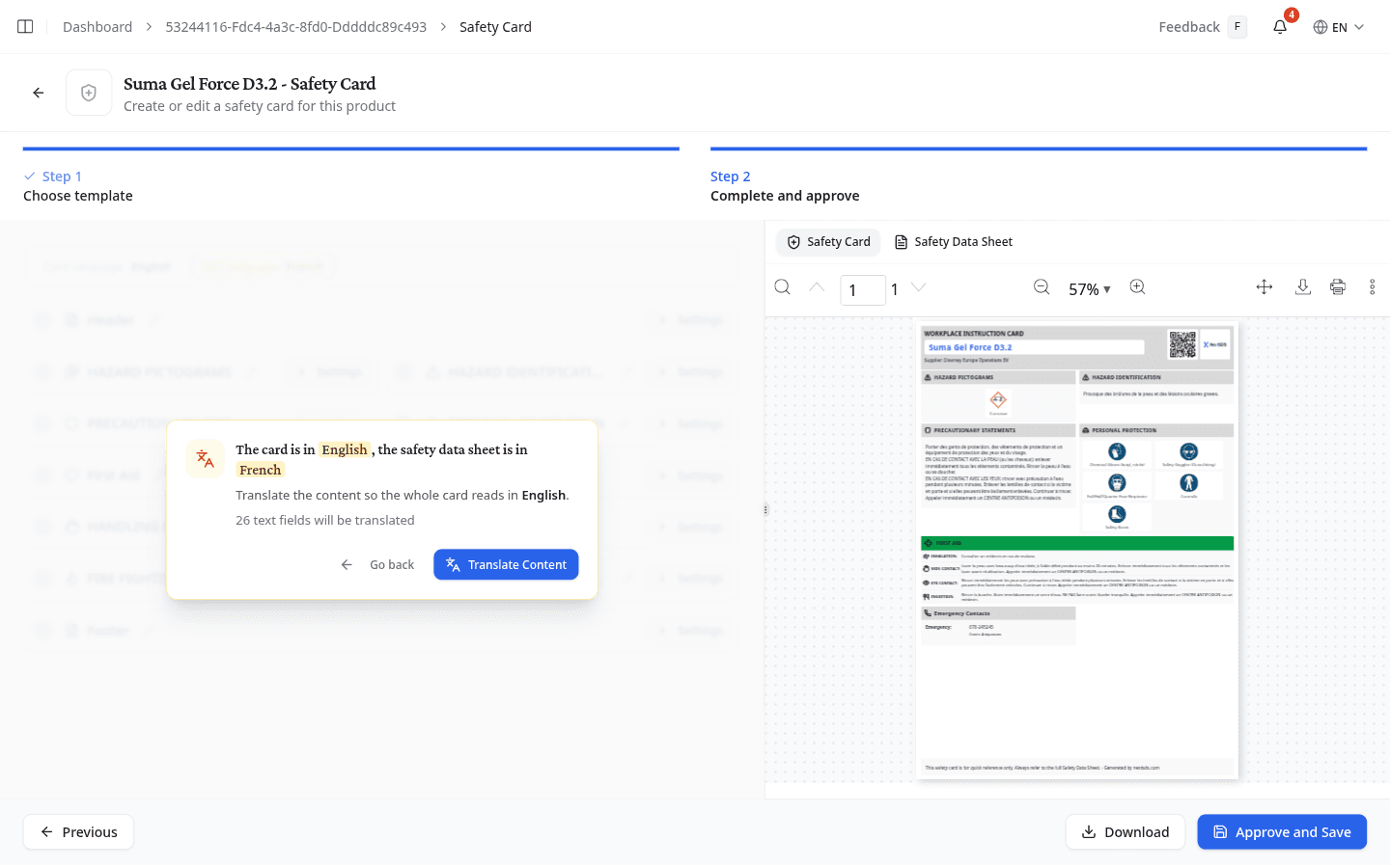 La fiche à côté de sa liste de sections, avec l'avis de langue par-dessus les sections