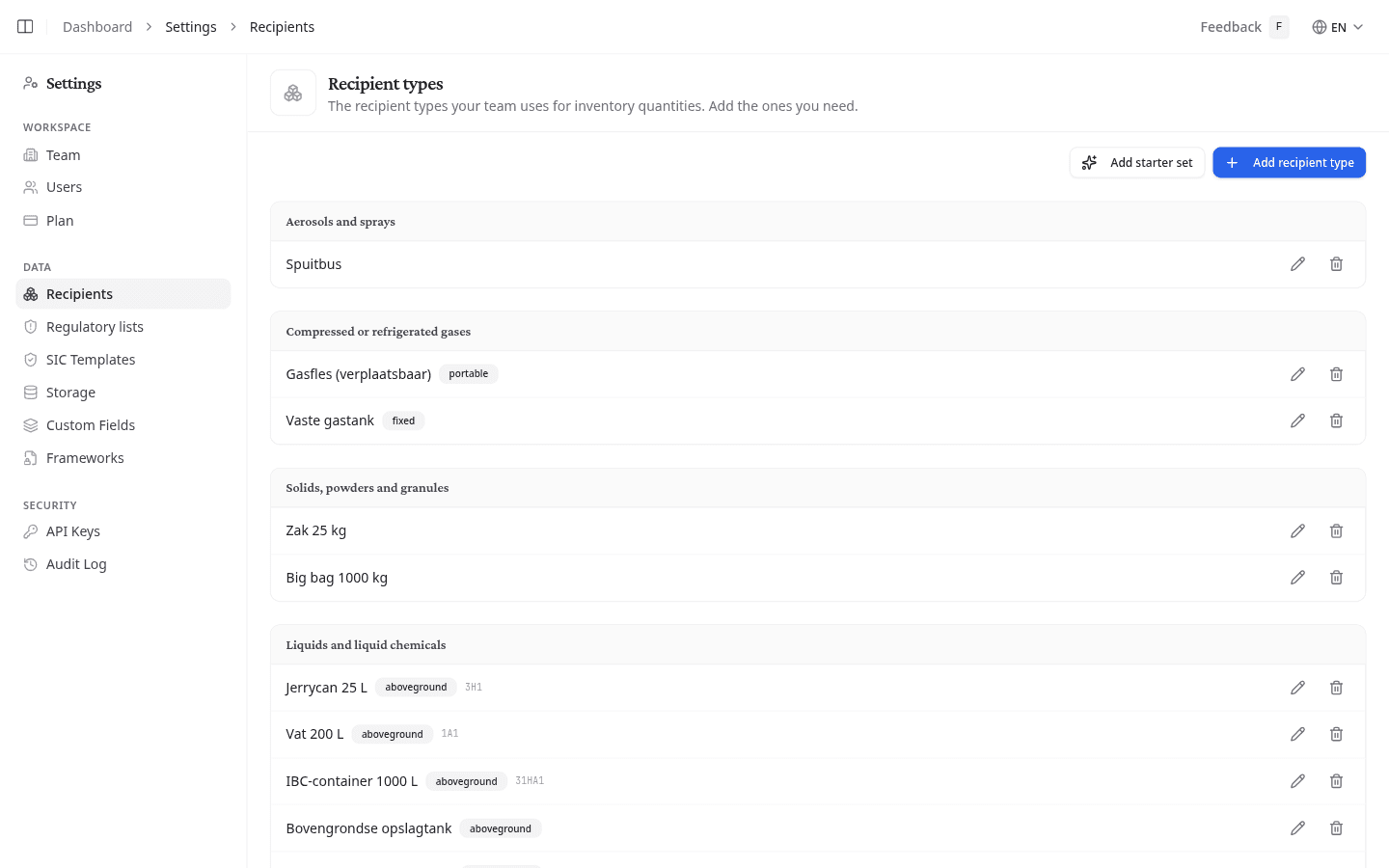 Recipient types page showing recipient types grouped by physical state, with the starter set added