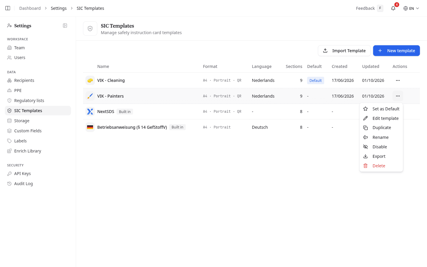 The SIC Templates list with a template's options menu open
