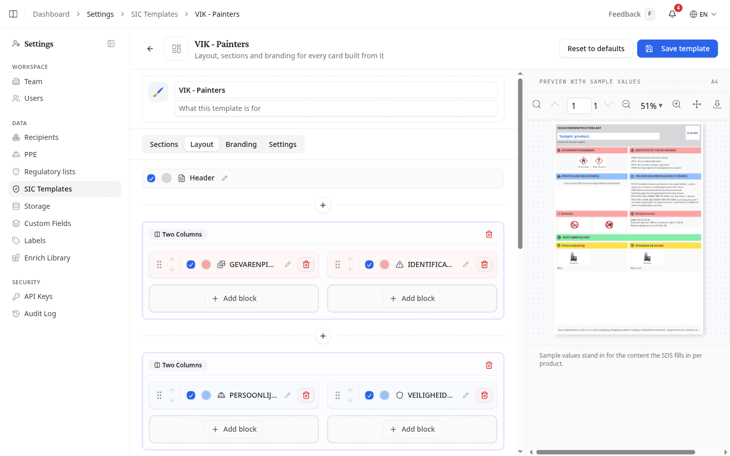 The Layout tab, with rows, drag handles and Add block