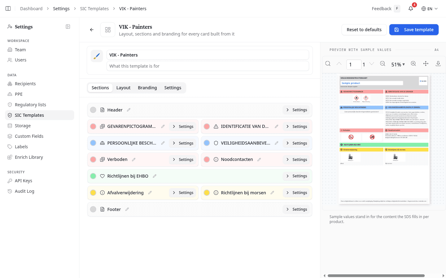 The template builder, with the section list and a live preview