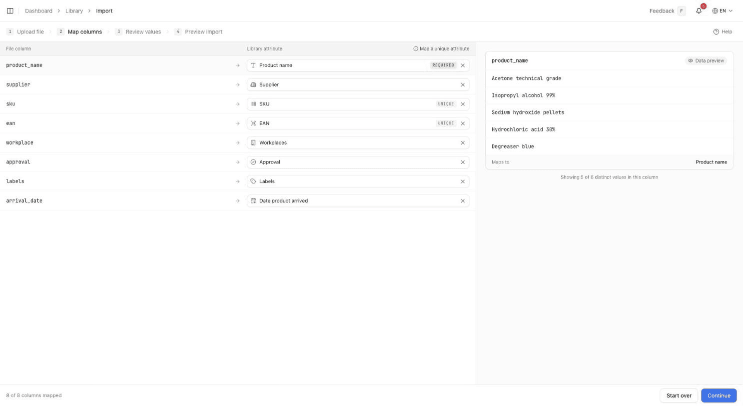 The column mapping step, showing each file column against the Library field it fills