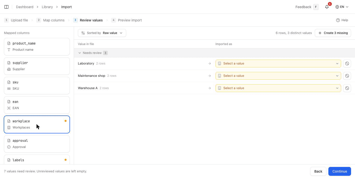 The value review step, grouping values by whether they still need a decision