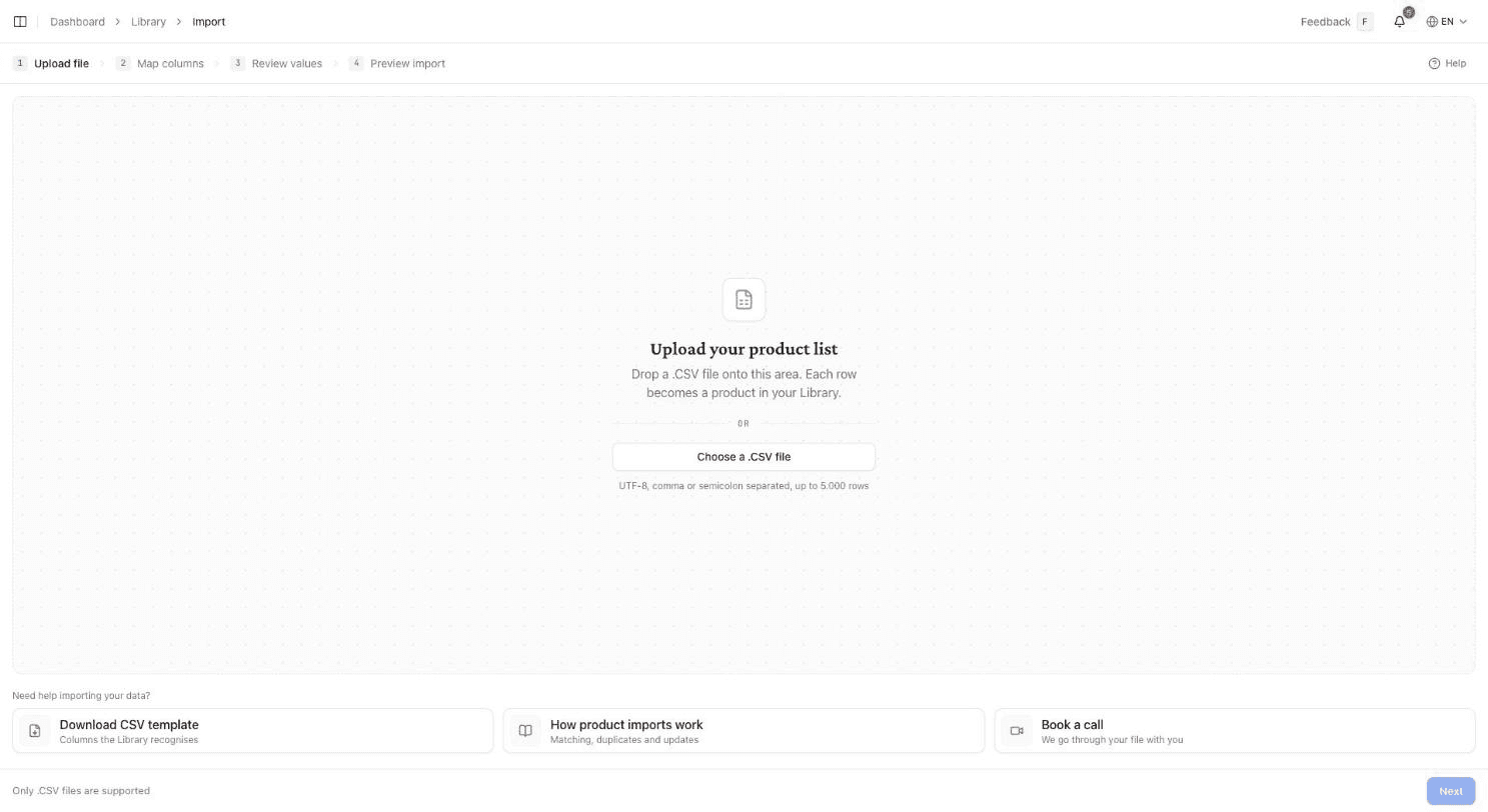 The upload step of the product import, with the drop area and the help cards below it