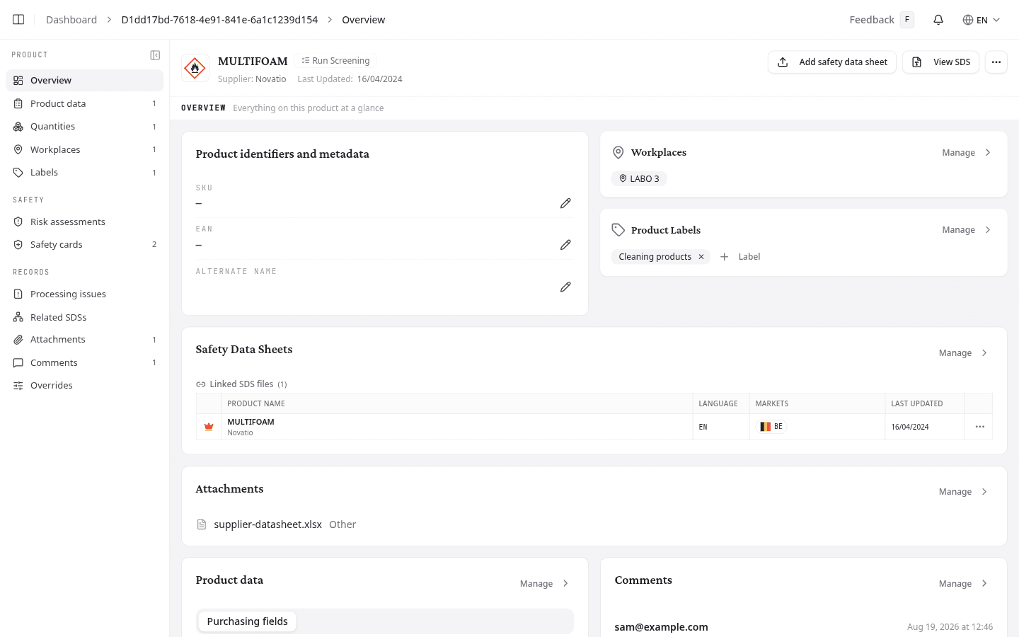 Ein Produktdatensatz mit Abschnittsliste, Produktkopf und Übersicht