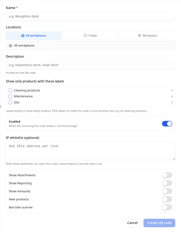 Create QR code form with name, locations, description, label filter, IP whitelist and display options