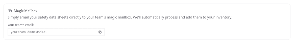 Die Karte Magic Mailbox mit der Weiterleitungsadresse Ihres Teams