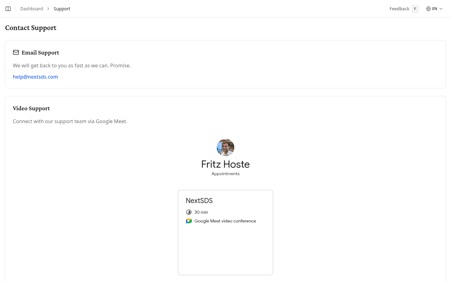 Support-Seite mit E-Mail- und Video-Support-Optionen