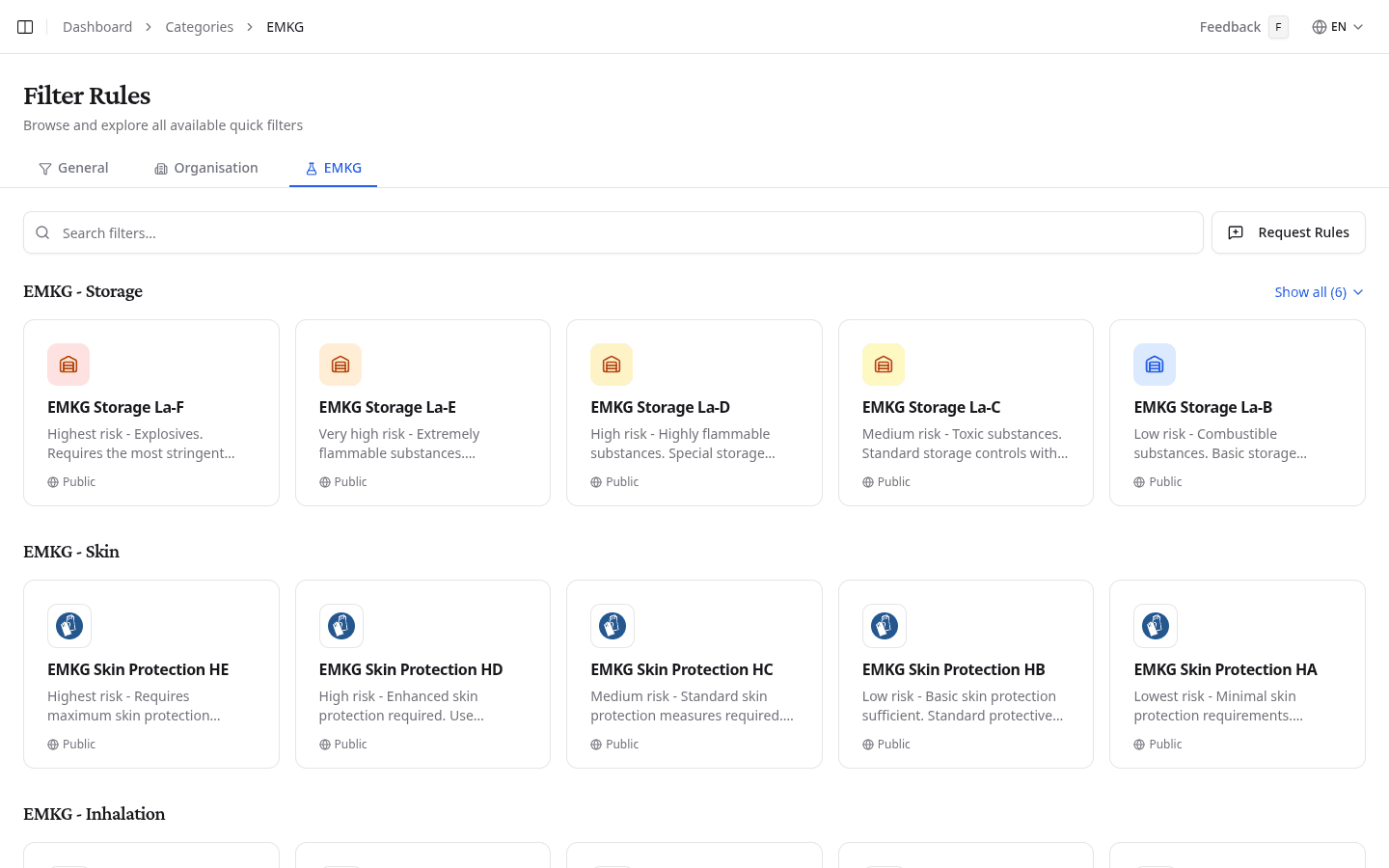 Filter rules page showing the EMKG tab with storage and skin protection categories