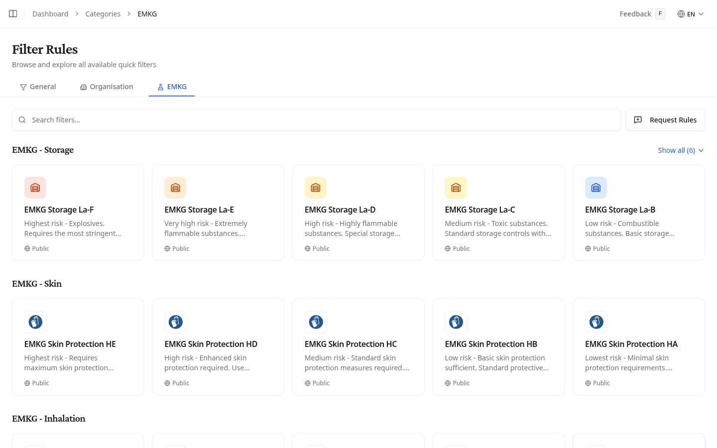 Filter rules page showing the EMKG tab with storage and skin protection categories