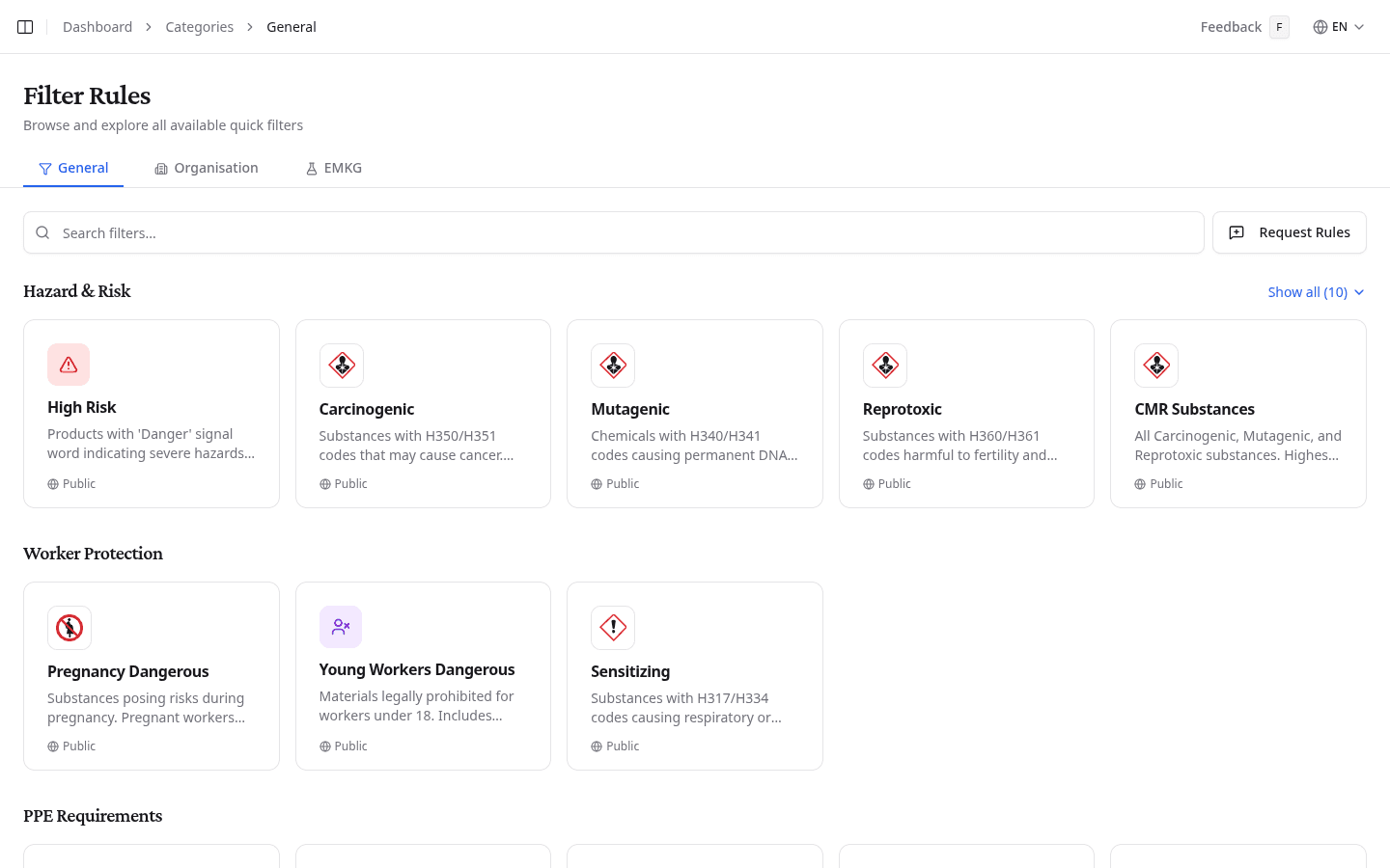 Filter rules page showing the General tab with Hazard & Risk and Worker Protection categories