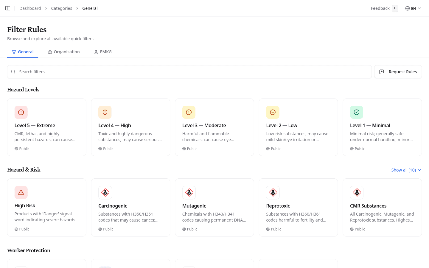 Filter rules page showing the General tab with Hazard & Risk and Worker Protection categories