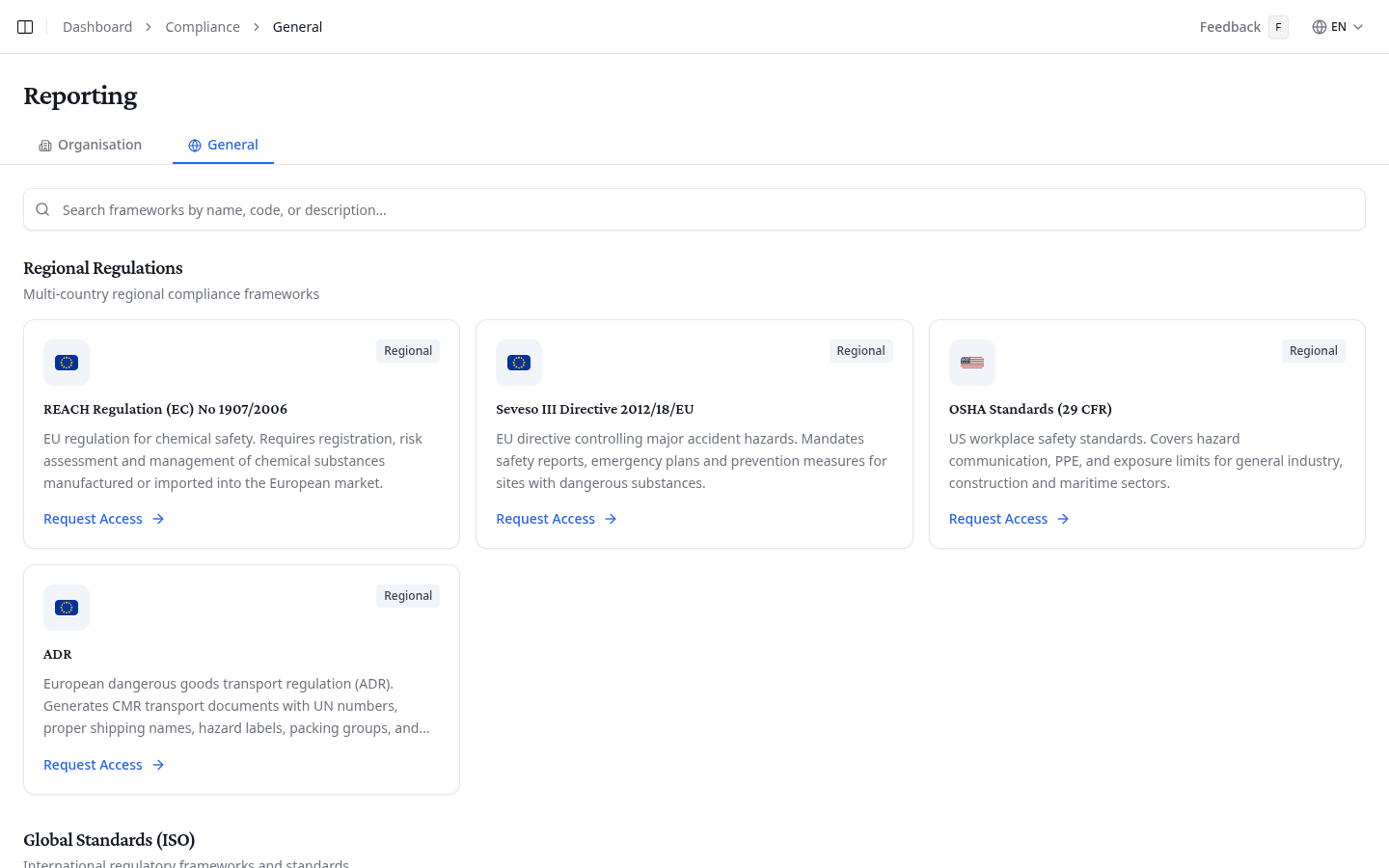 General tab showing regional and global frameworks