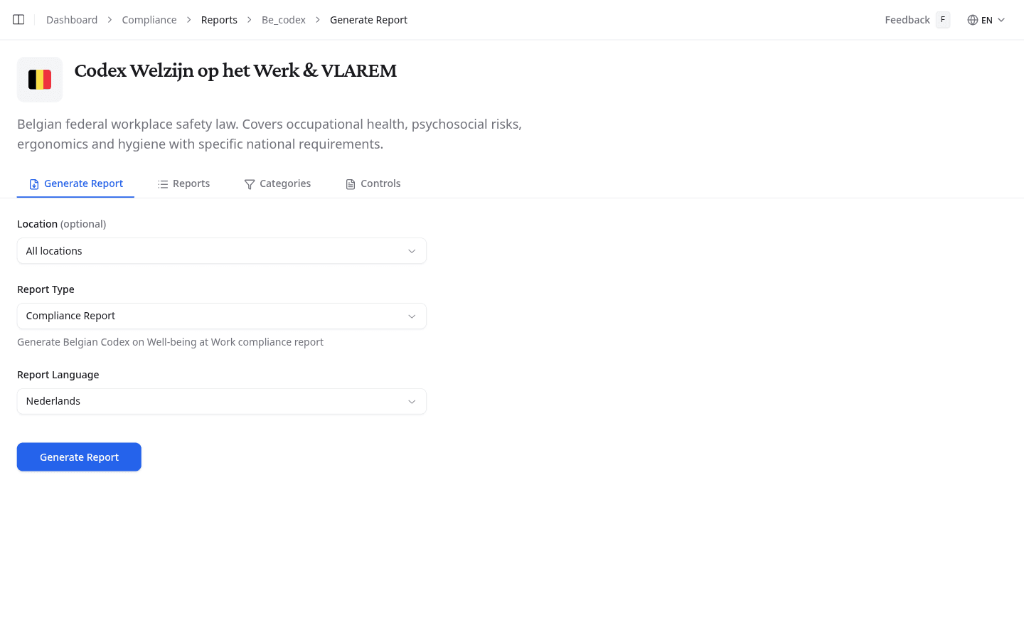 Report centre showing the Generate Report tab