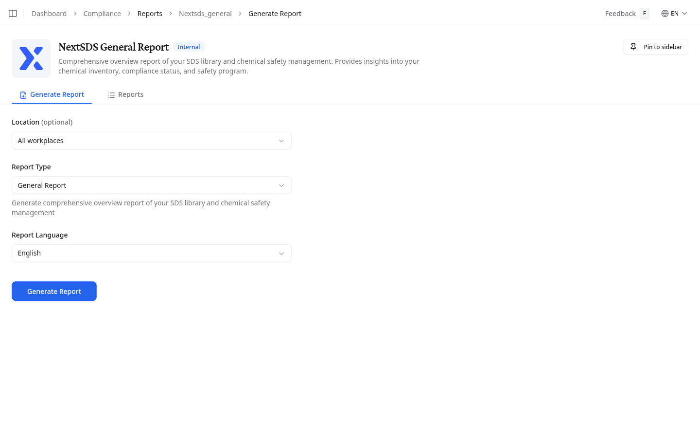 Generate Report tab with report type, language, and workplace options
