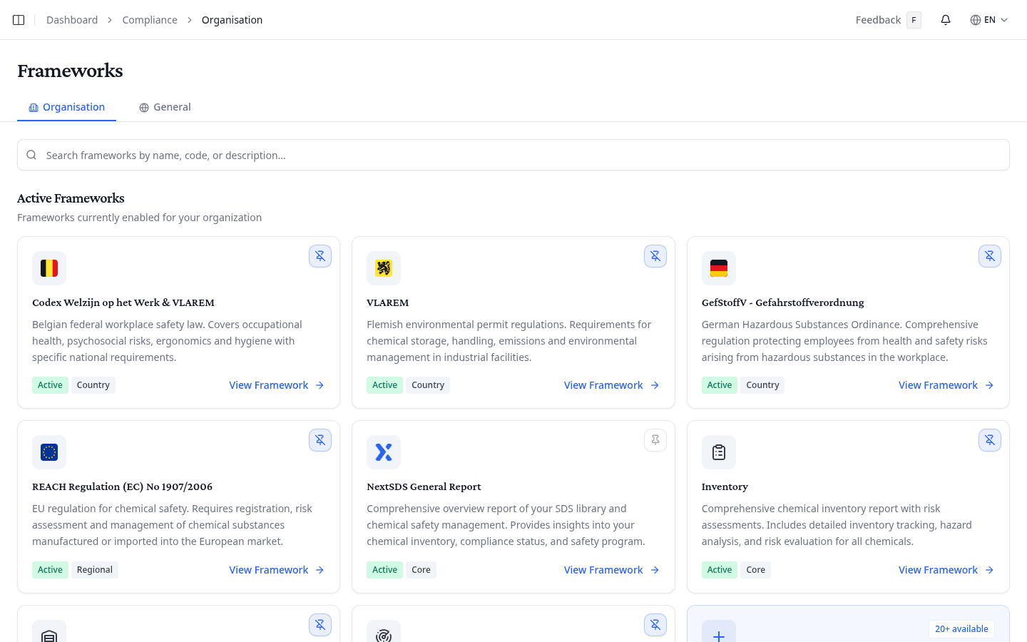 Organisation tab with the active framework cards, their badges, and the pin toggles