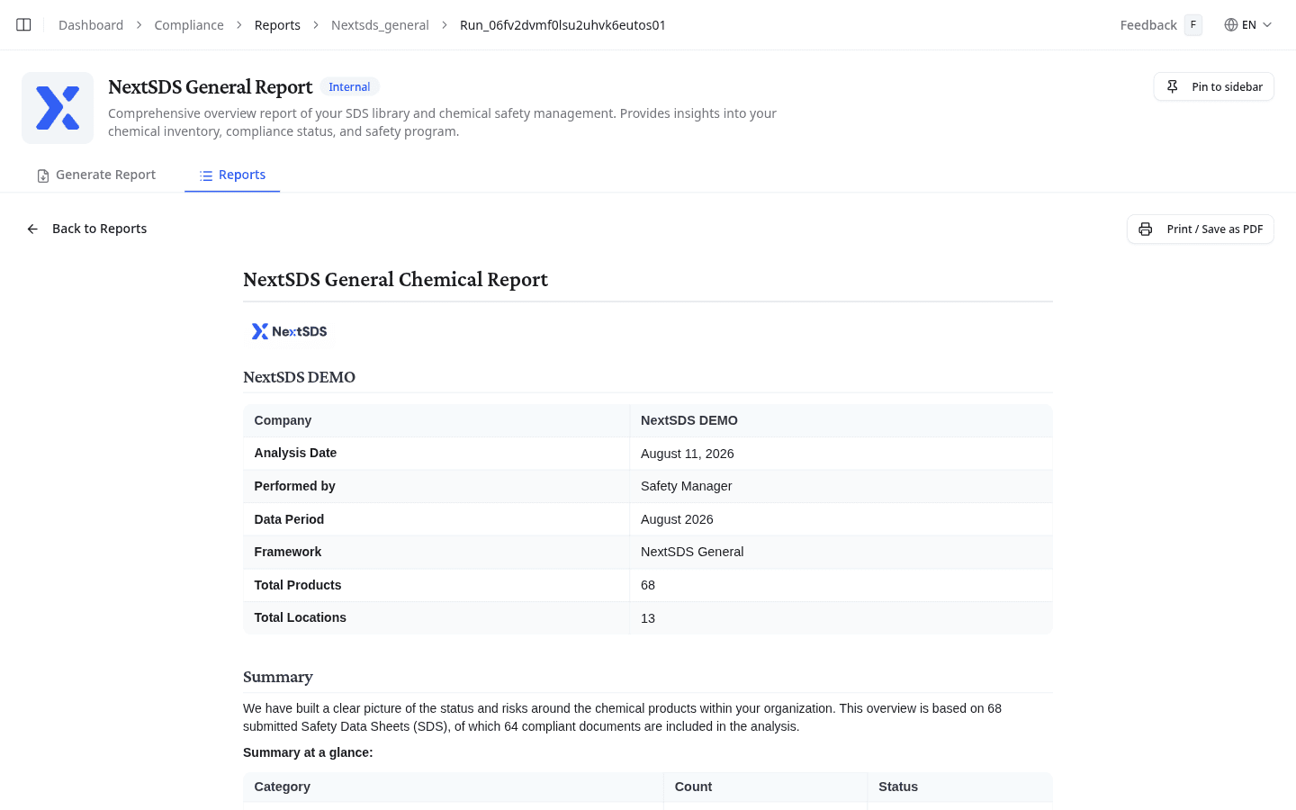 A completed general report with its summary table