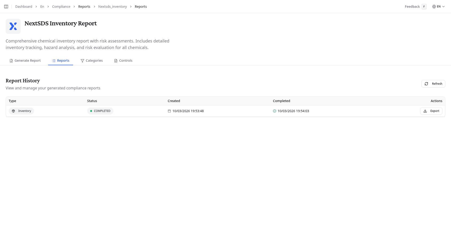 Reports tab showing report history