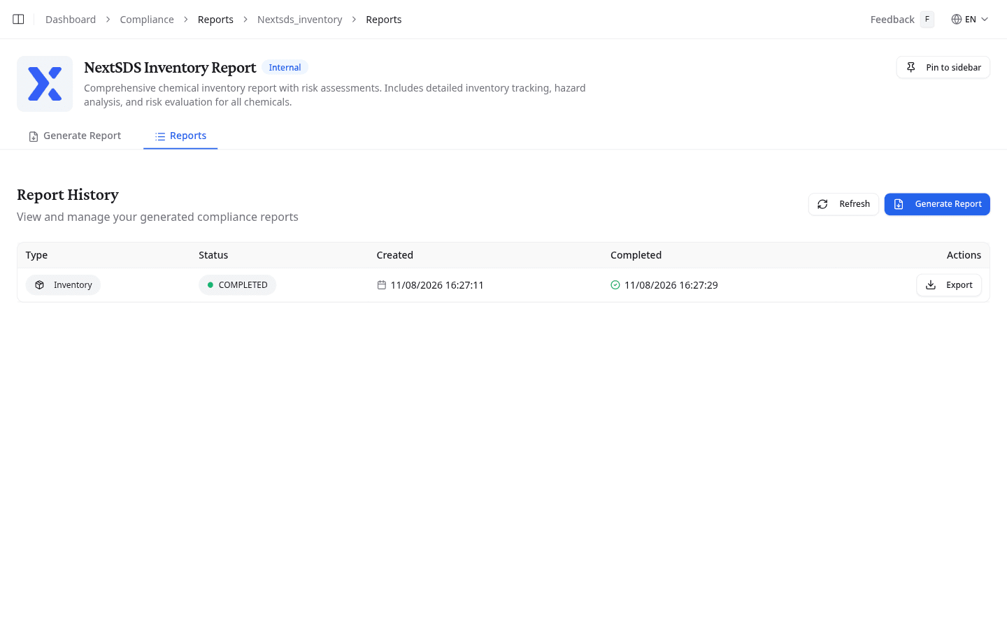 Report History with one completed inventory report