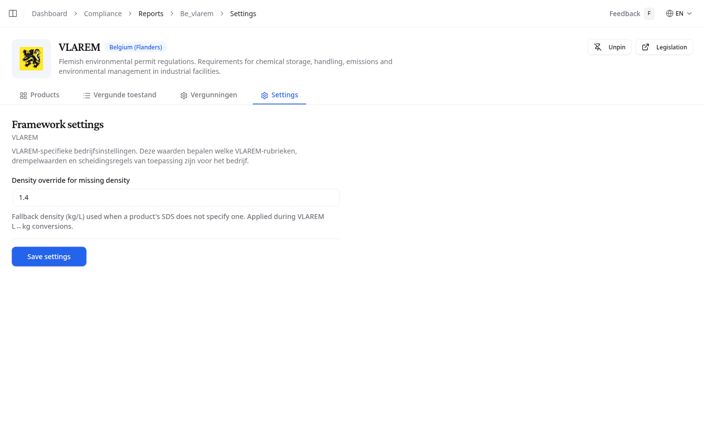 VLAREM Settings tab with the density override field