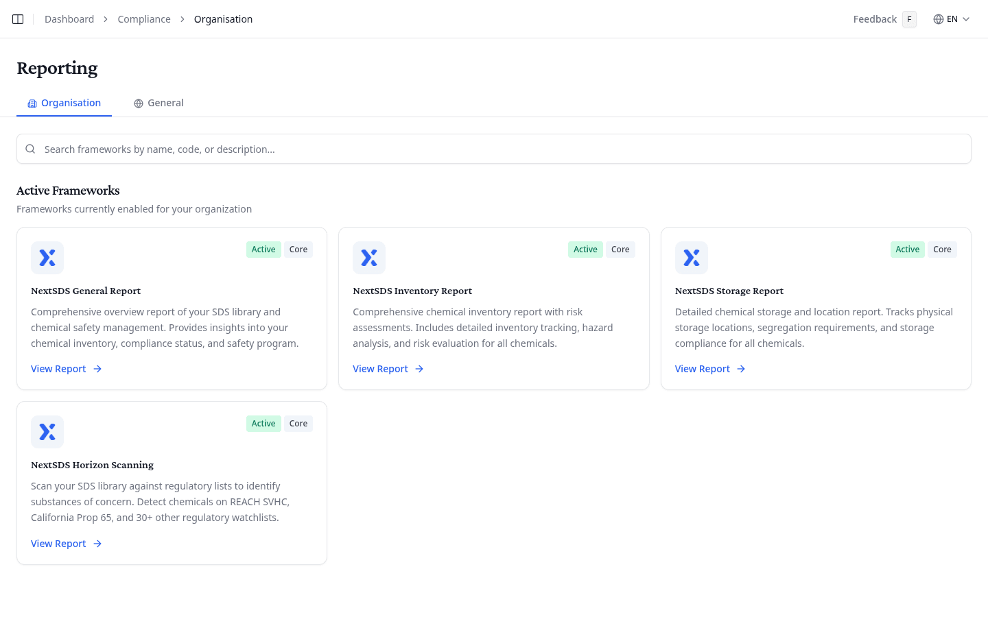 Reporting page showing active compliance frameworks