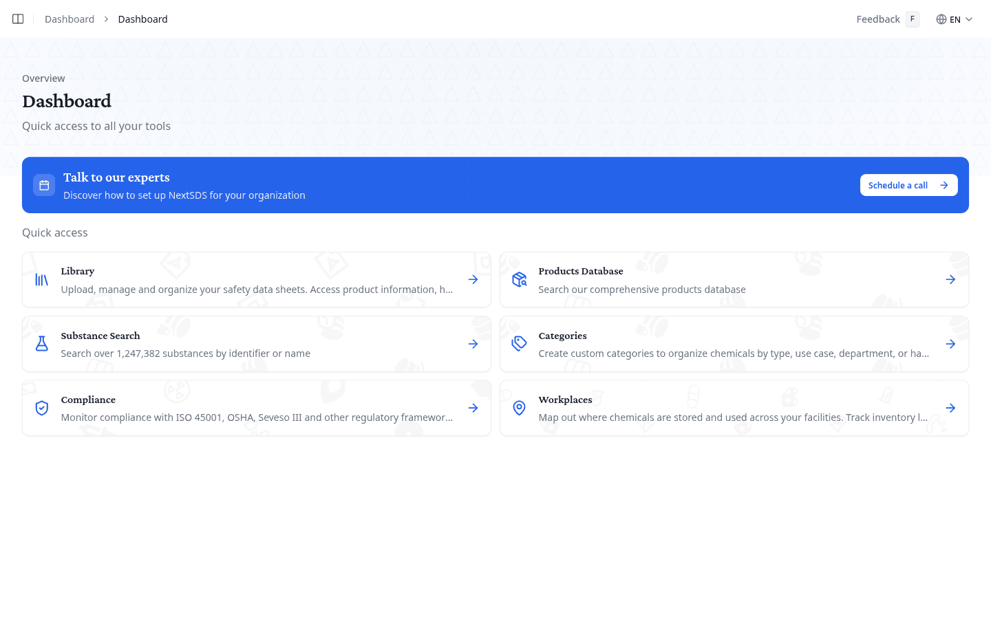 Dashboard with quick-access shortcuts to Library, Products Database, Substance Search, Categories, Compliance, and Workplaces