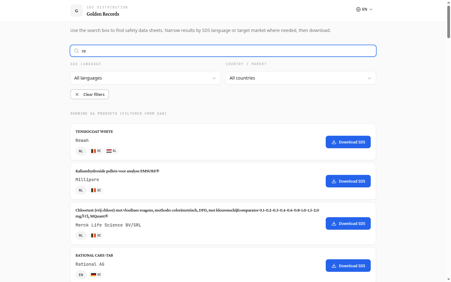 Distribution portal with search results showing product name, supplier, language badge, country flags, and Download SDS button