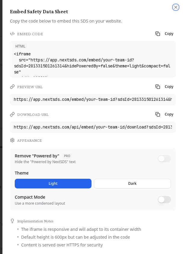 Embed Safety Data Sheet panel with the embed code, preview URL, download URL and appearance settings