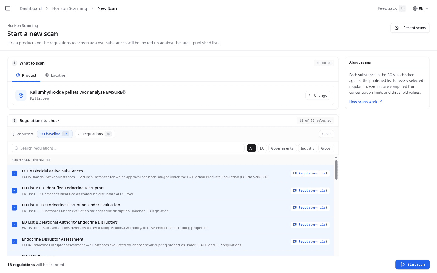 New scan setup page with product picker and regulation selection