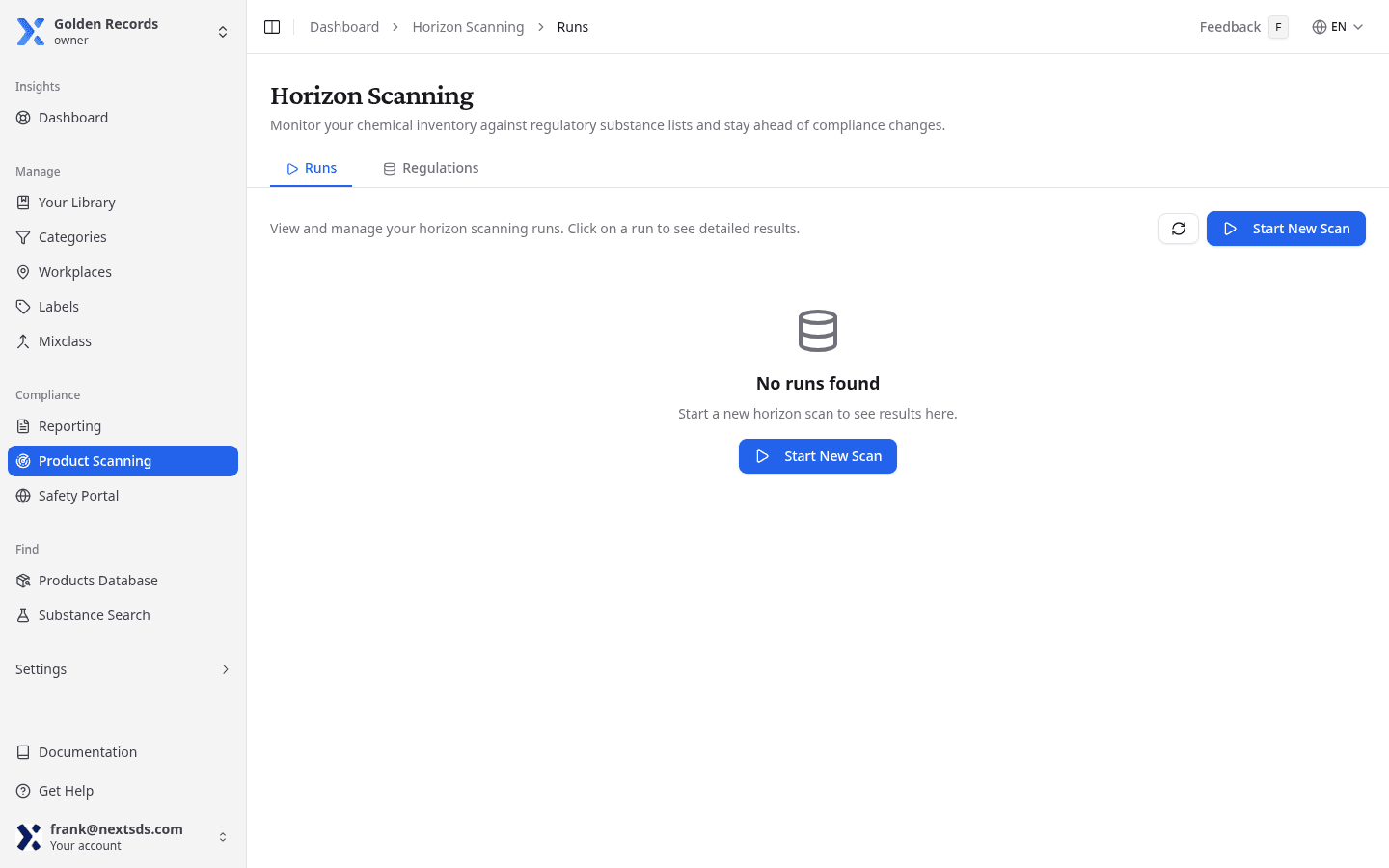 Start New Scan pop-up window showing the regulation selection list