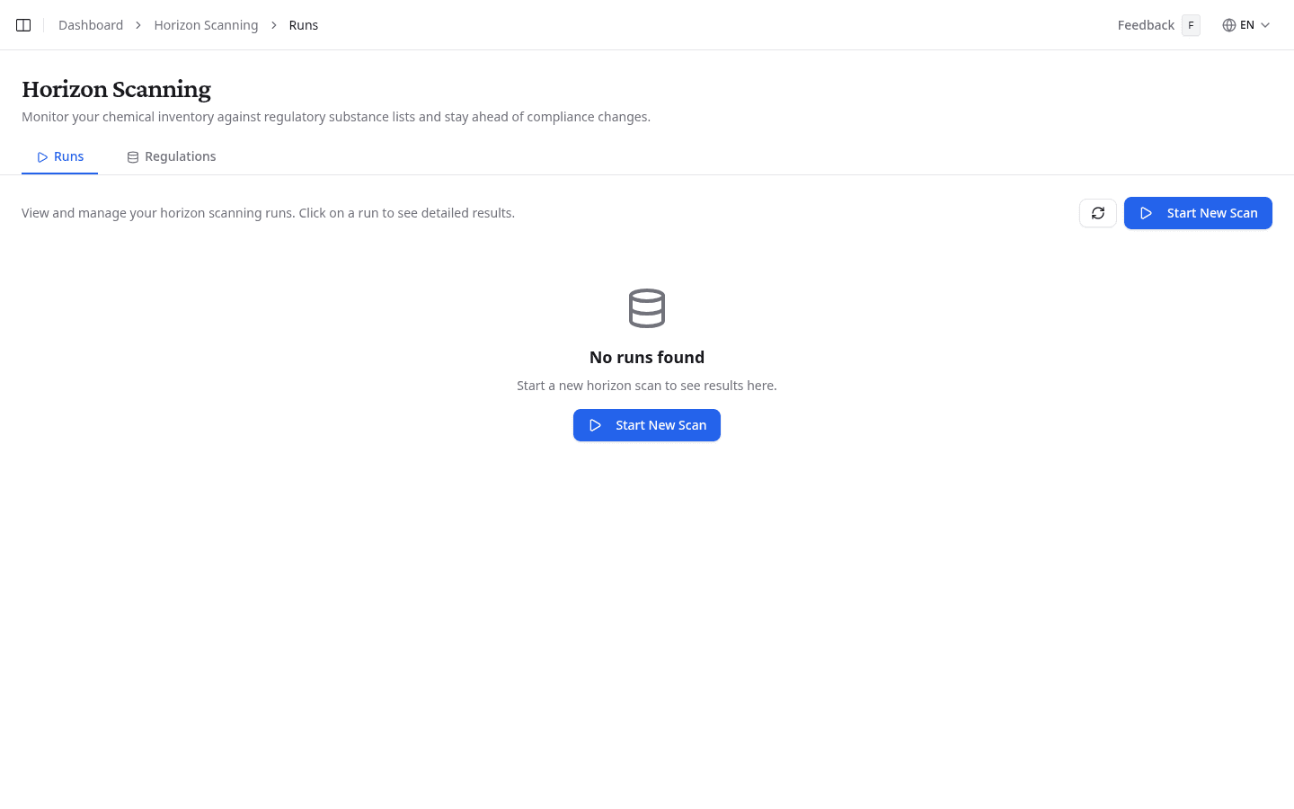 Horizon scanning page showing the Runs tab with completed scans