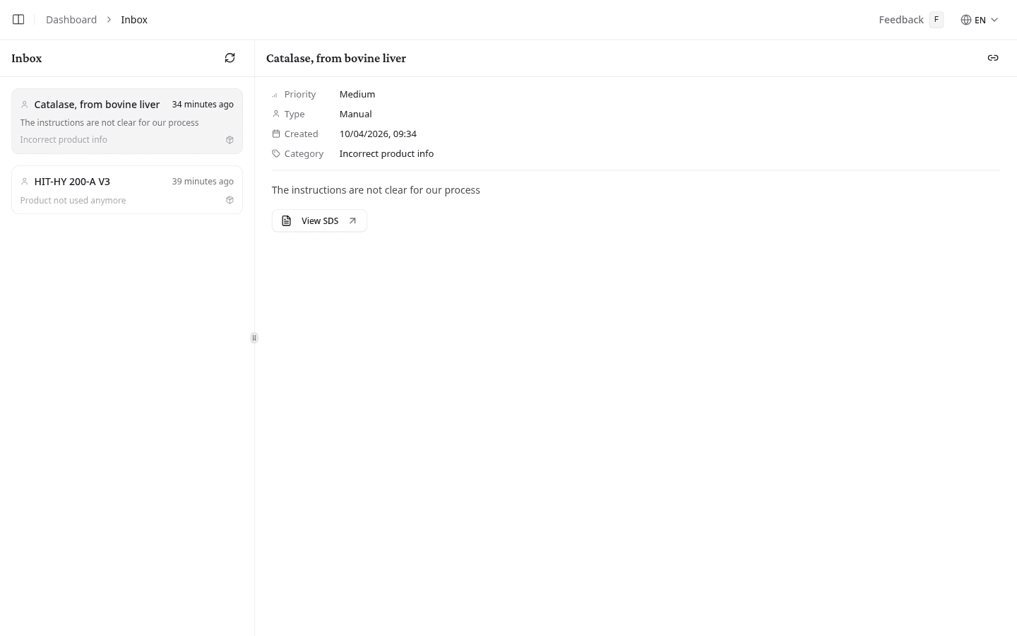 Inbox with split-panel layout showing notification list and detail view