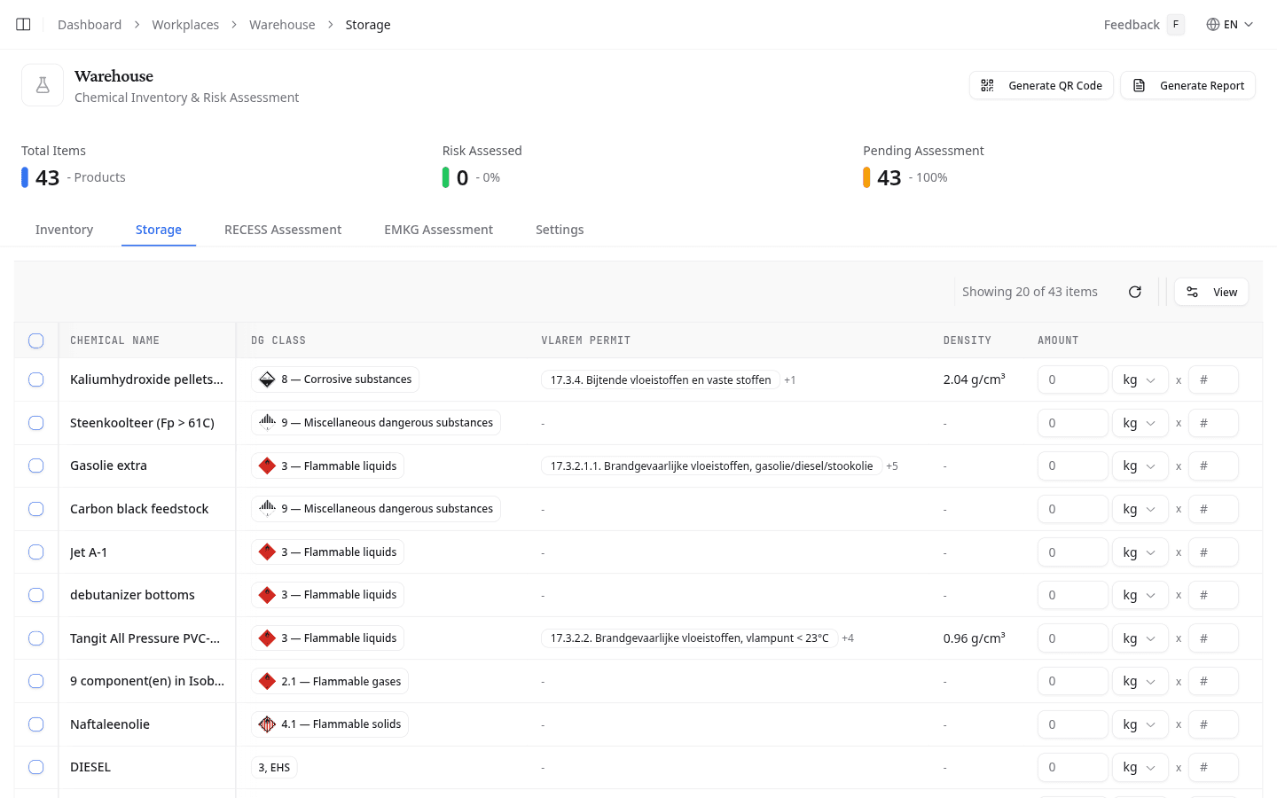 Storage tab showing EMKG hazard groups and storage classifications