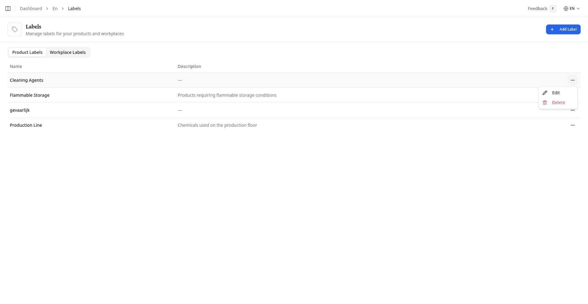 Label actions menu showing Edit and Delete options