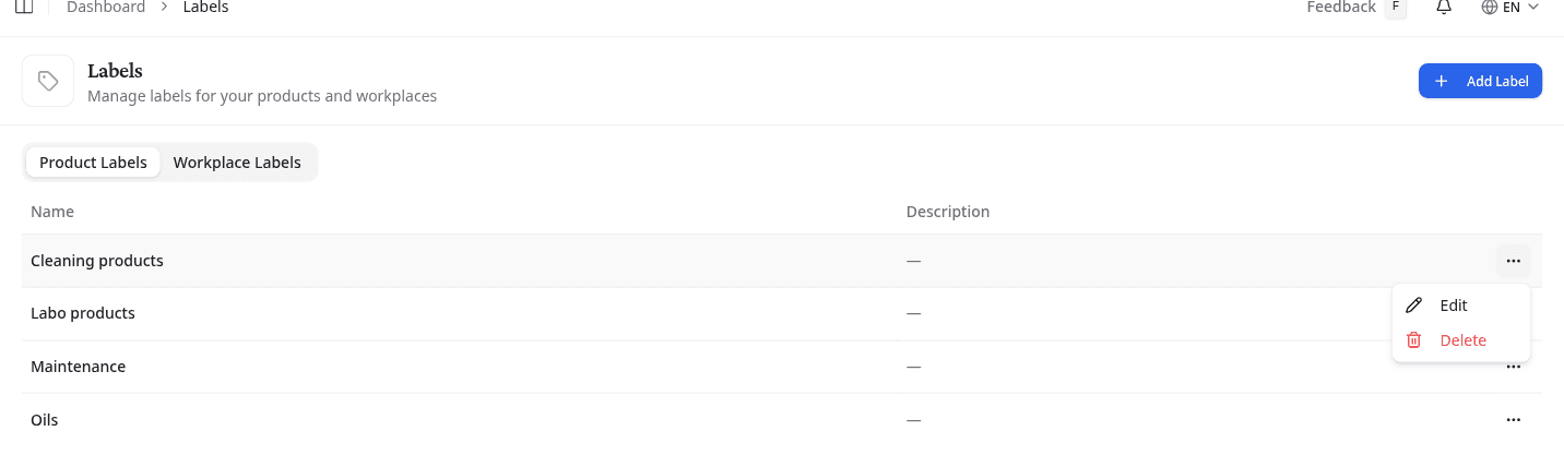 The labels table with a row's options menu open