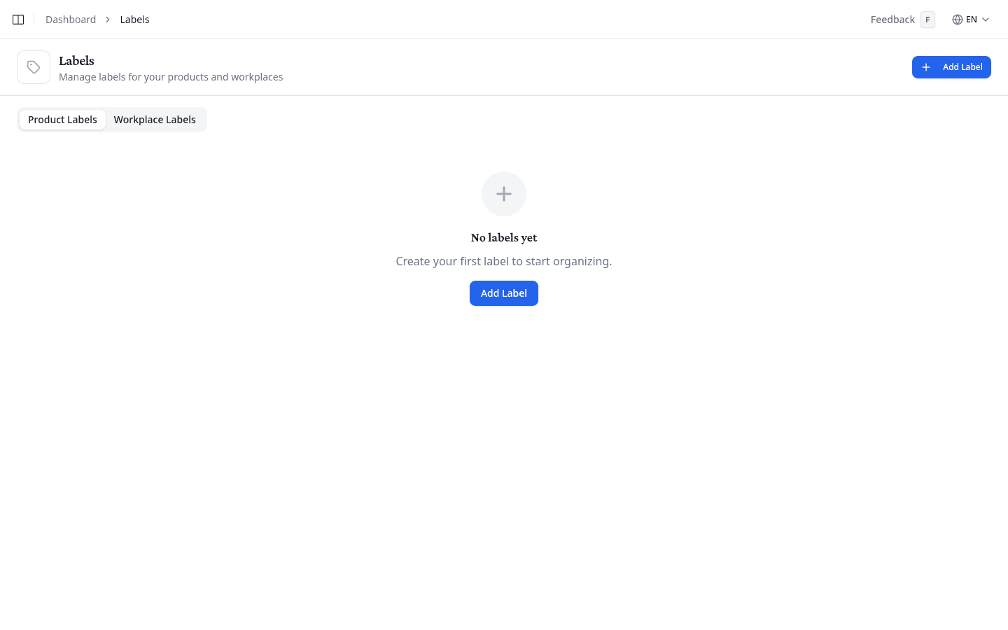 Labels overview showing Product Labels tab with sample labels