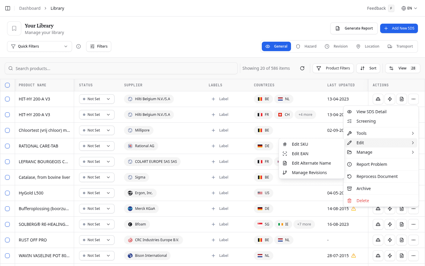 Options menu with the Edit submenu expanded
