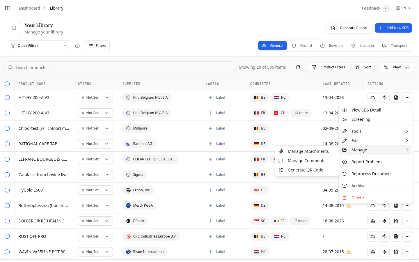 Options menu with the Manage submenu expanded