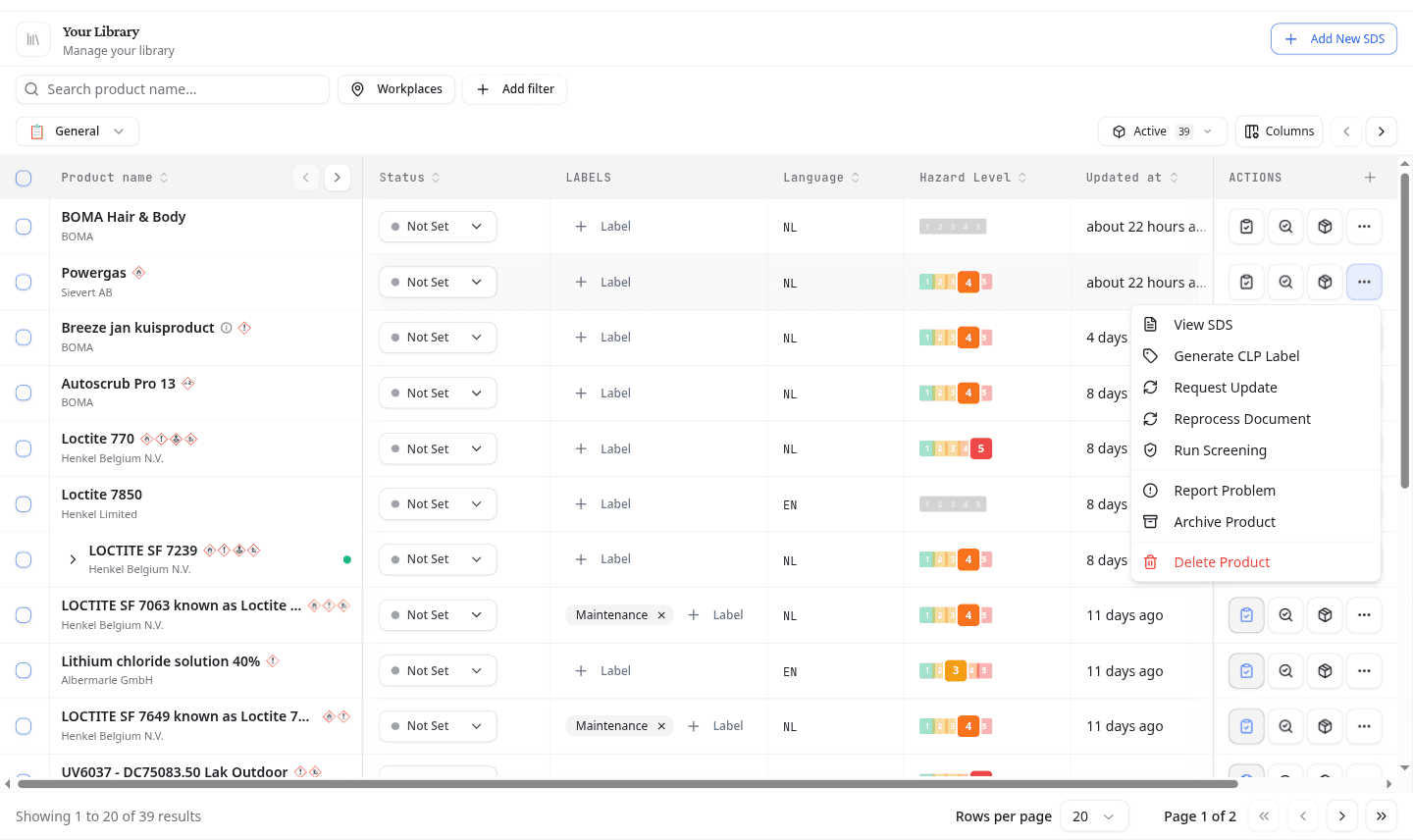 Row options menu open on a product