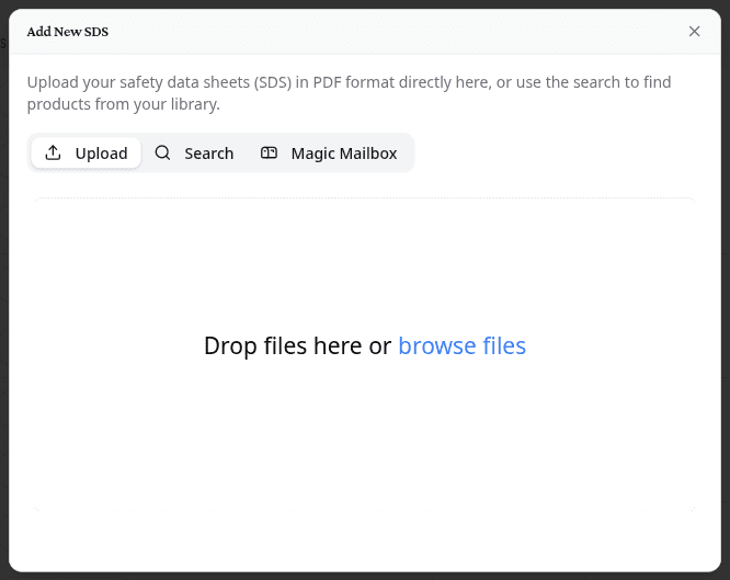 Add New SDS window with the Upload, Search, and Magic Mailbox methods