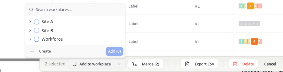 Workplace picker open from the bulk action bar, with the Create option