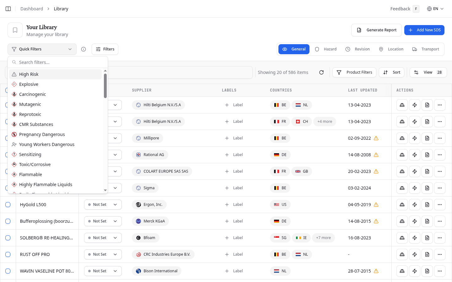 Filters panel showing status, location, supplier, and label options