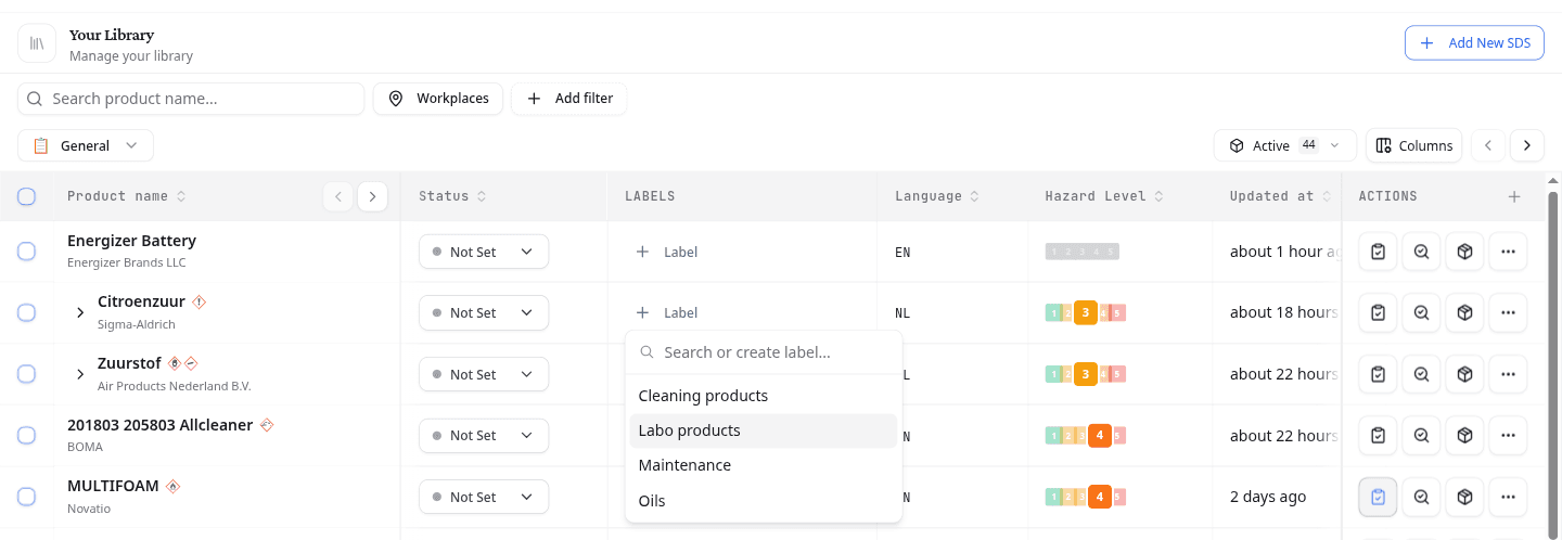 Label picker open on a product row, showing the team's existing labels