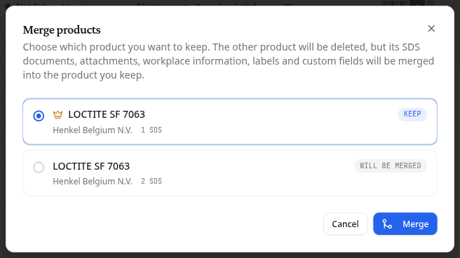Merge products window showing which record is kept and which is merged