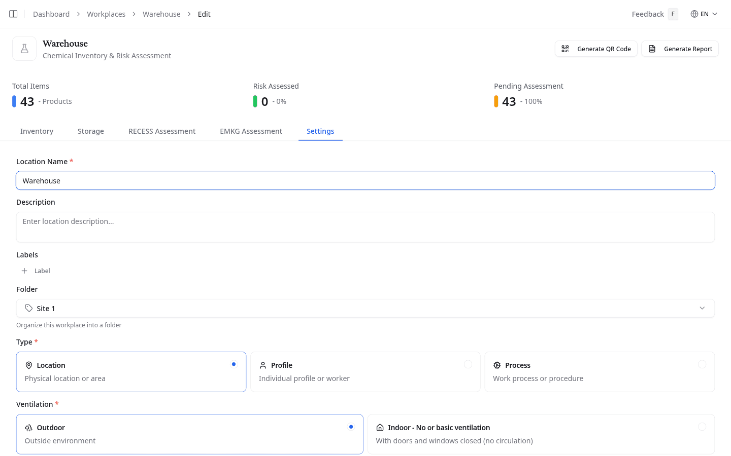 Edit workplace form showing name, type, ventilation, and folder fields