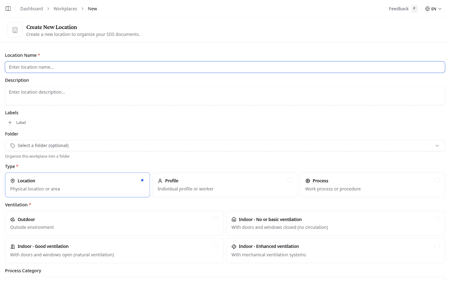 Create workplace form showing name, type, ventilation, and folder fields