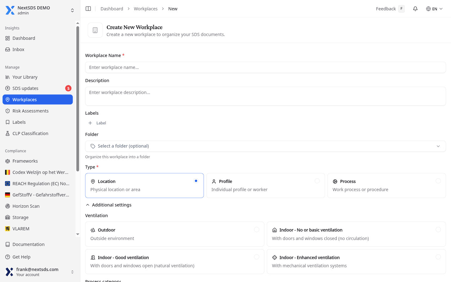 The Create New Workplace page with Additional settings expanded